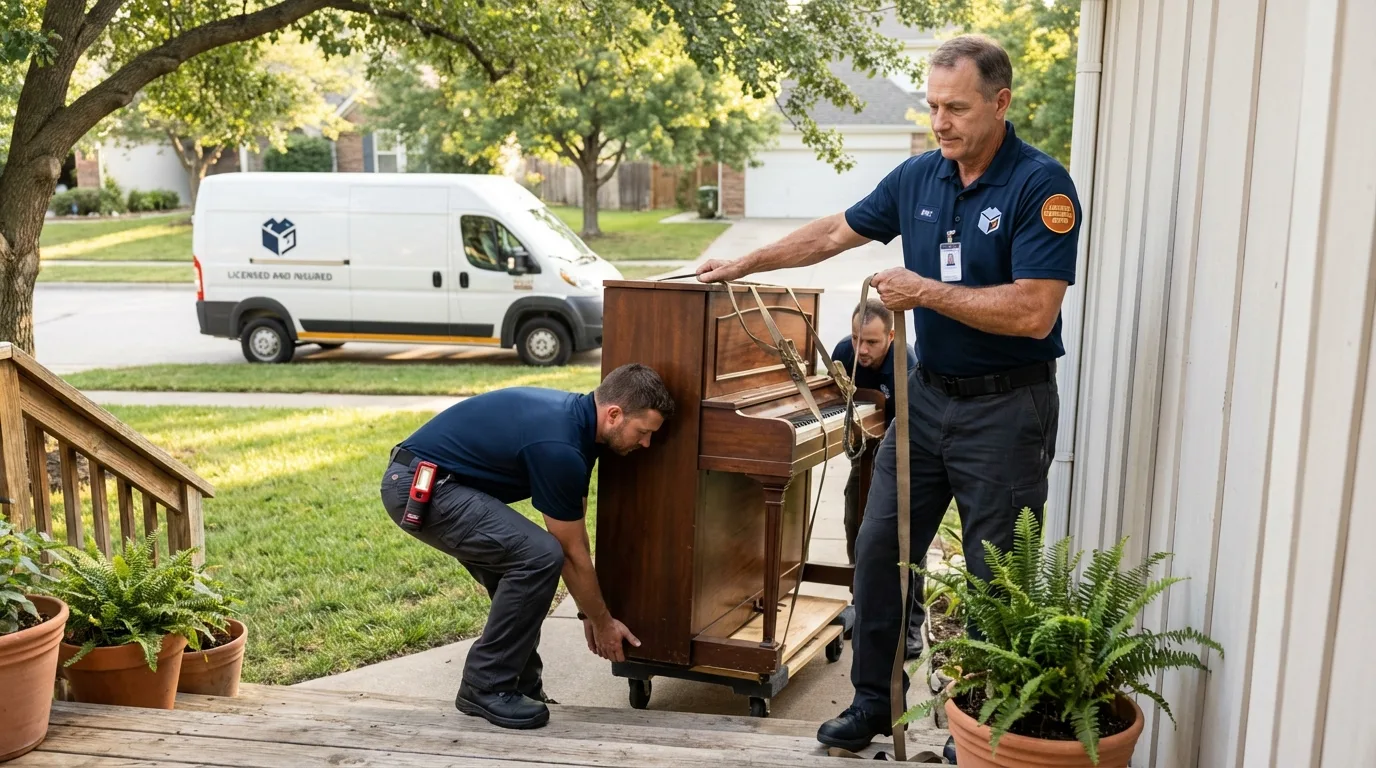 Licensed piano movers securing grand piano in Ellerbe, NC