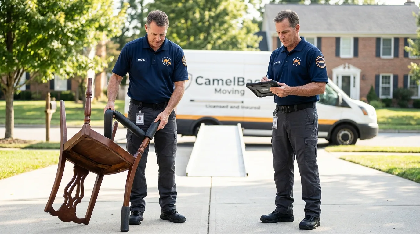 Movers inspecting furniture for damage prevention before loading in Ellerbe, NC